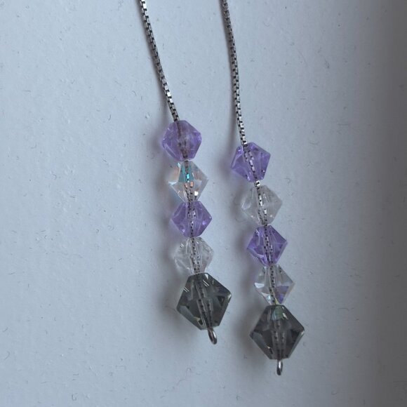 Swarovski Crystal Dangle Earrings- Grey/Clear/Purple - Sterling Silver - Picture 2 of 3